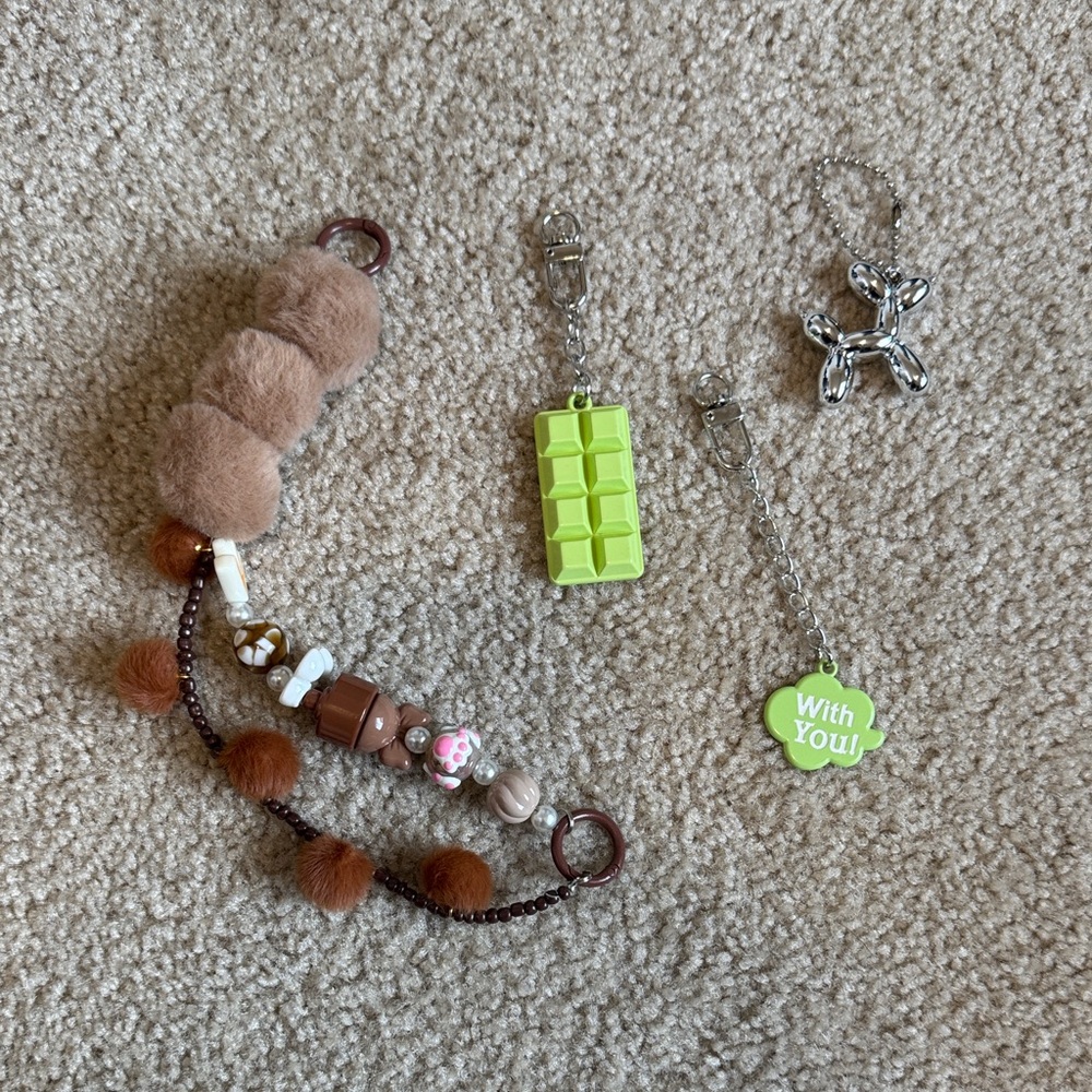 Brown and Green bag charm Keychain accessories bundle
